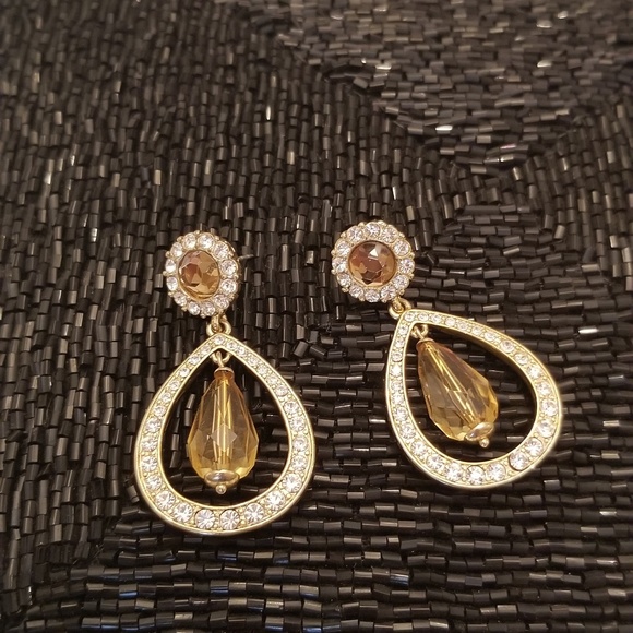 Tear Drop Amber and Rhinestone Earrings - Picture 1 of 4
